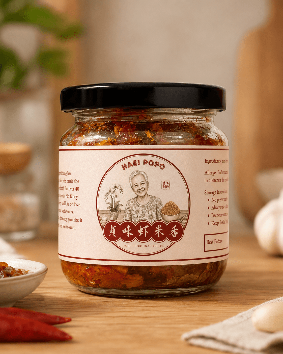 Close-up of a Hae! Popo hae bee hiam jar on a wooden table with red chillies and garlic